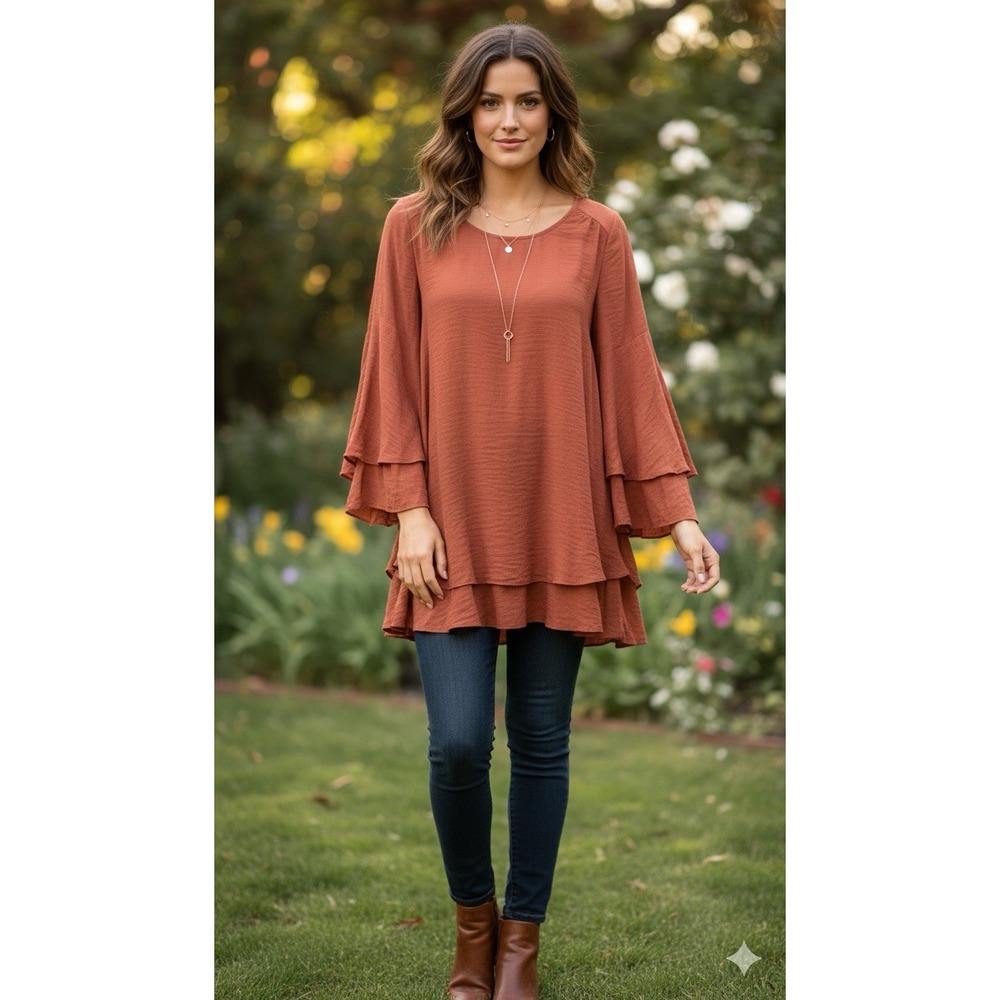 Bluivy rust tiered ruffle blouse 3/4 sleeve women size L‎